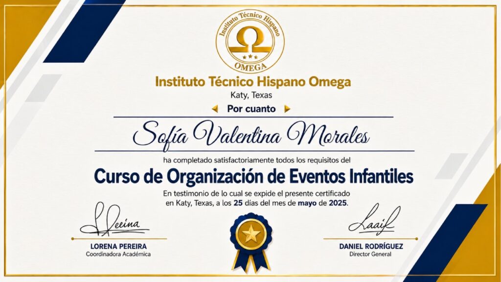 Certificado del Curso de Organización de Eventos Infantiles del Instituto Técnico Hispano Omega